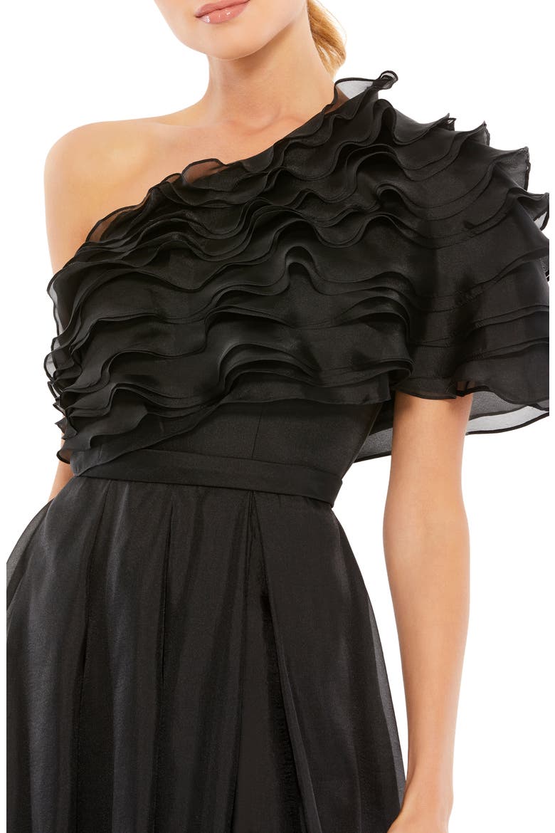 Ruffle Layered One Shoulder Gown, Alternate, color, BLACK