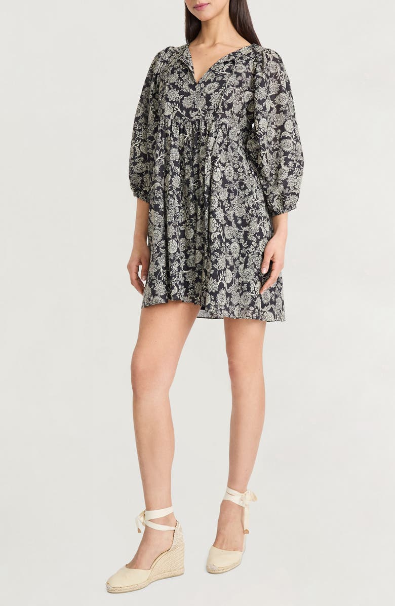 The Good Journey Puff Sleeve Babydoll Minidress, Alternate, color, Black/ Cream