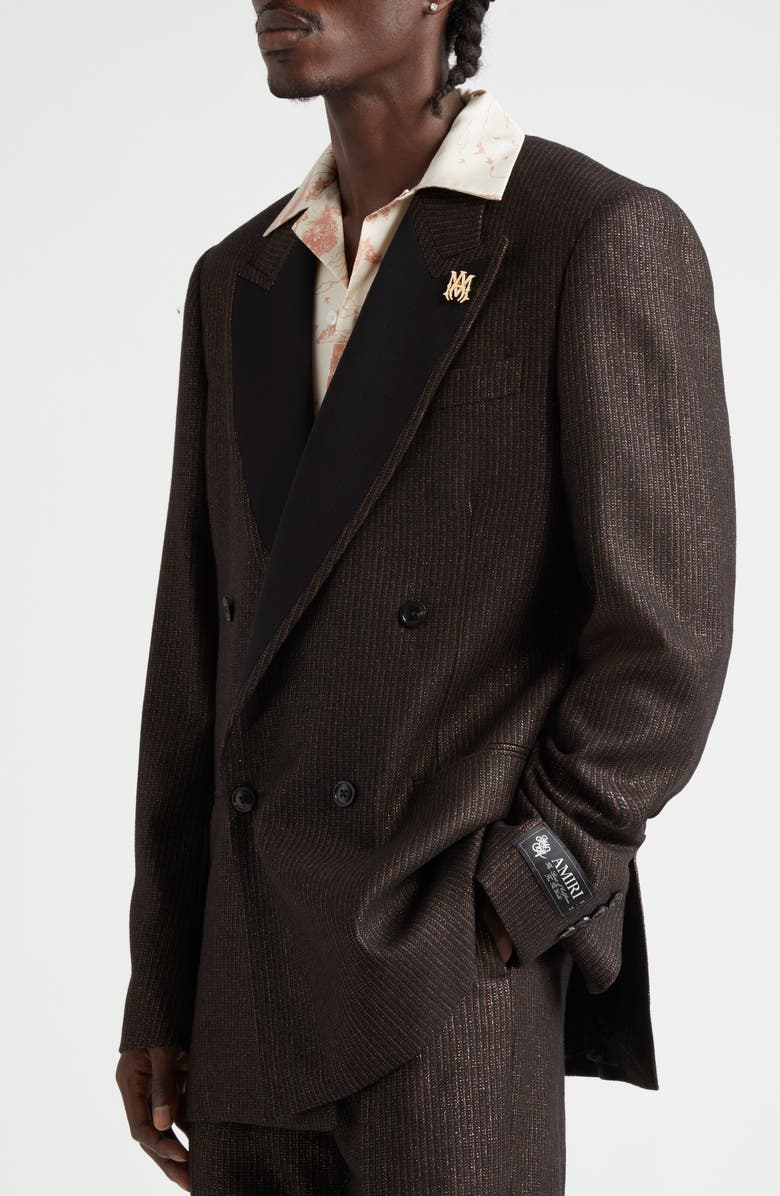 AMIRI Lurex Stripe Double Breasted Blazer, Alternate, color, Dark Brown