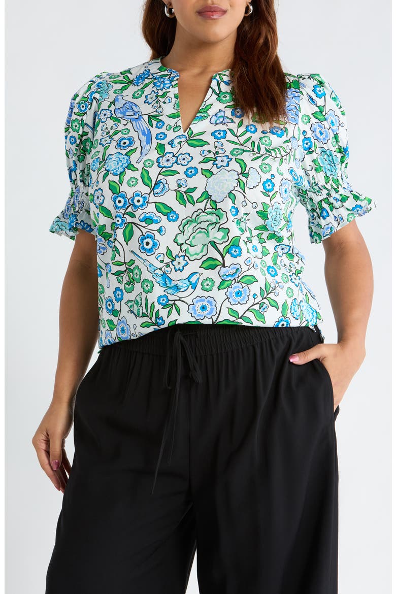 Merryn Floral Split Neck Cotton Top, Main, color, WHITE BLUE MULTI