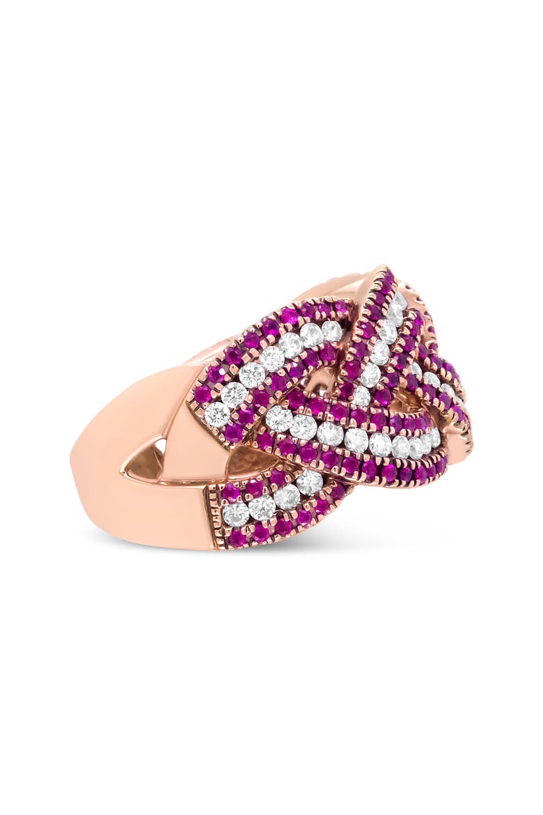 18K Rose Gold Red Ruby and 7/8 Cttw Diamond Woven Braided Band Ring, Alternate, color, Pink