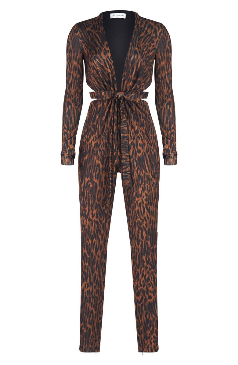 HALSTON EVENING Jada Leopard Scuba Cutout Jumpsuit, Alternate, color, 