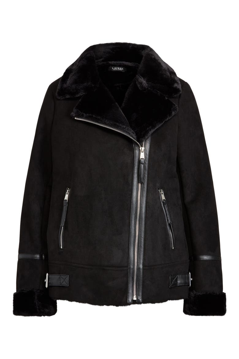 Faux Shearling Moto Jacket, Alternate, color, BLACK
