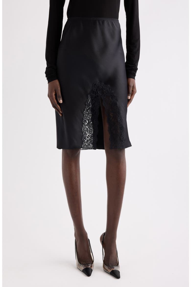 Lace & Double Face Silk Satin Split Skirt, Main, color, NOIR