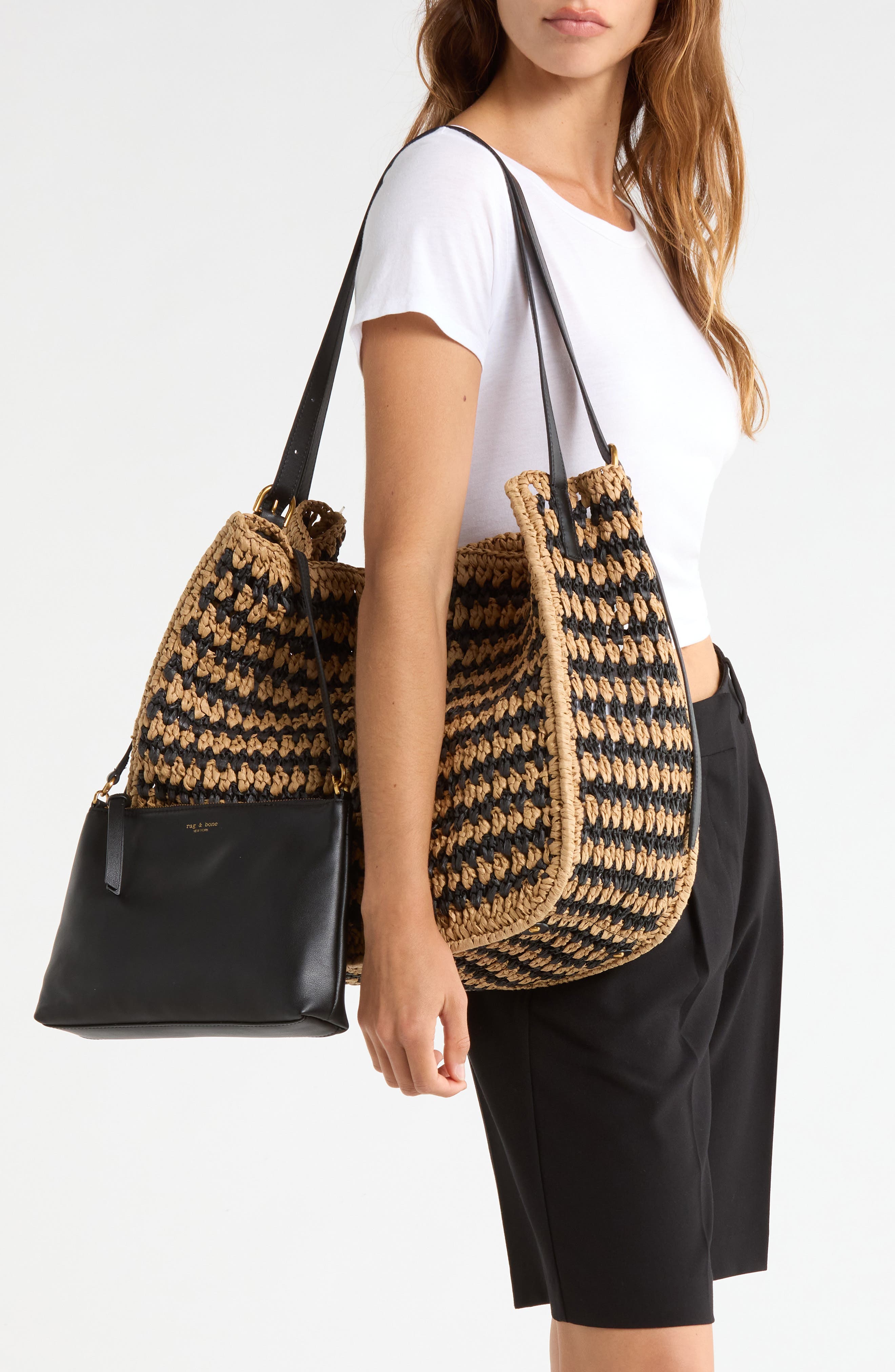 rag & bone Large River Raffia Tote, Alternate, color, Black Mult