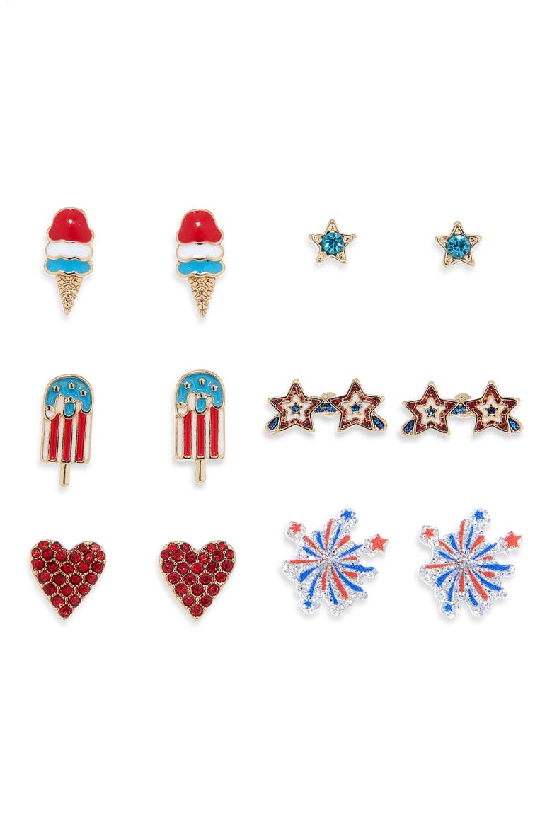 Americana 6-Pack Stud Earrings, Main, color, RED MULTI- GOLD