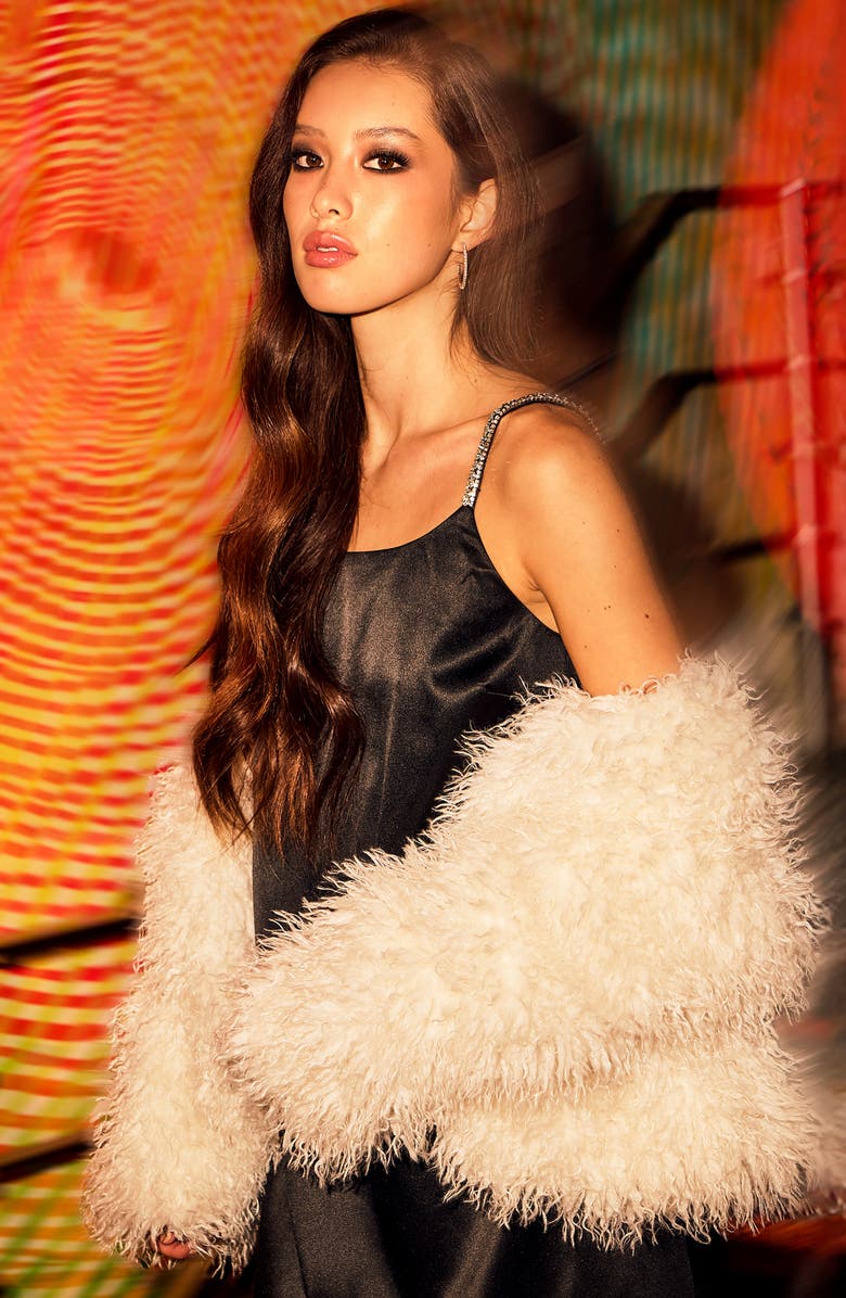 Open Edit Rhinestone Strap Satin Minidress, Alternate, color, Black