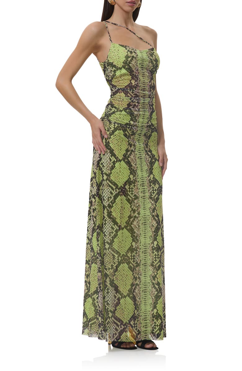 AFRM Lana One-Shoulder Maxi Dress, Alternate, color, Lime Snake