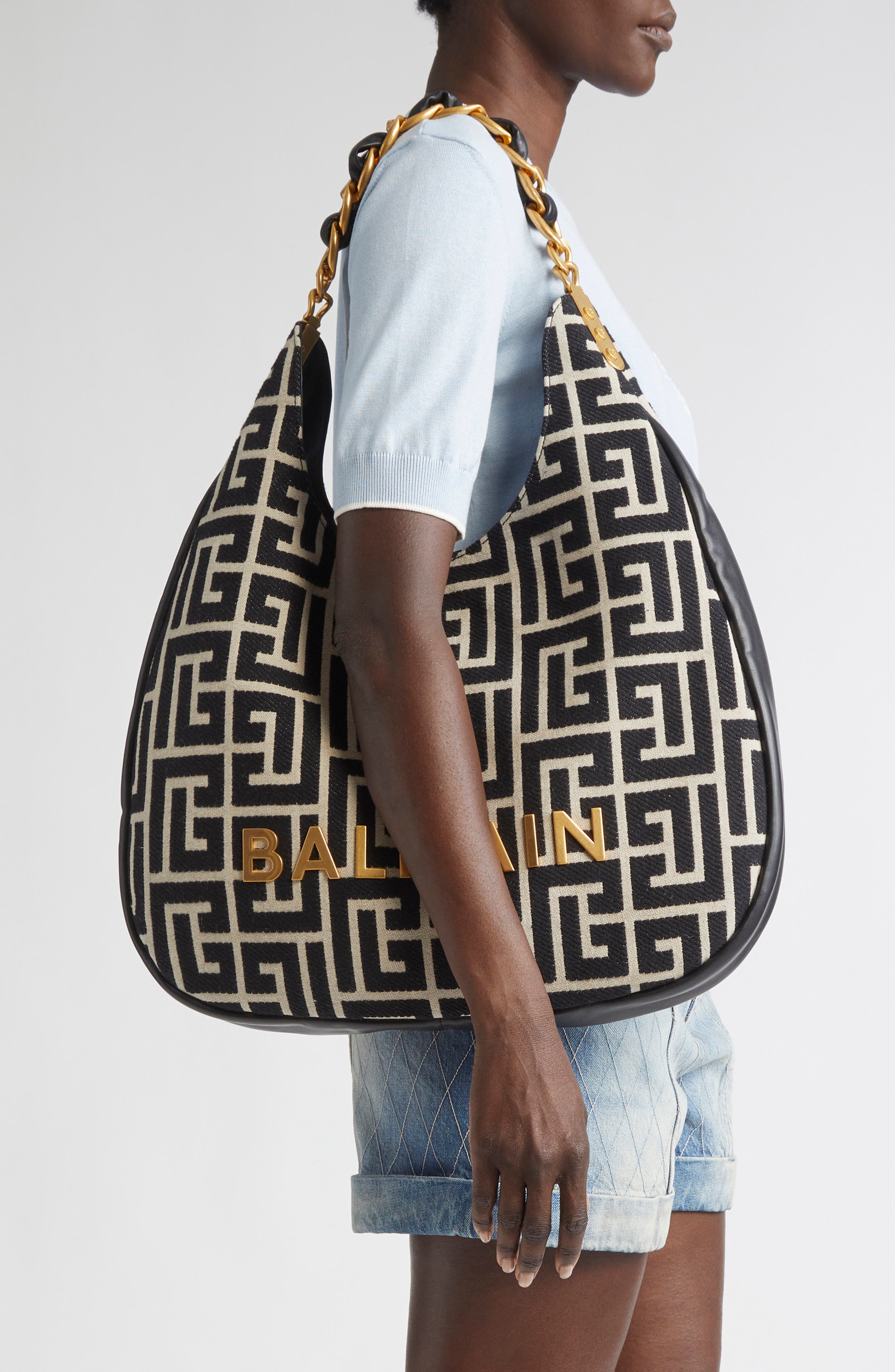 Balmain 1945 Large Soft Monogram Jacquard Hobo Bag, Alternate, color, 