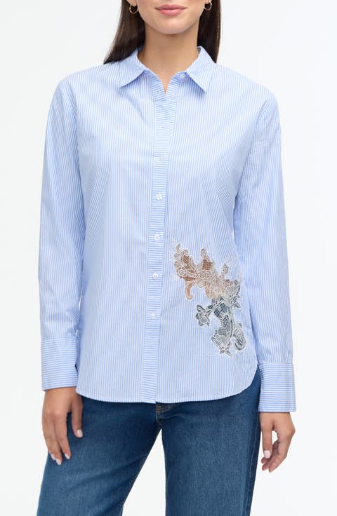 Embroidered Flower Poplin Button-Up Shirt