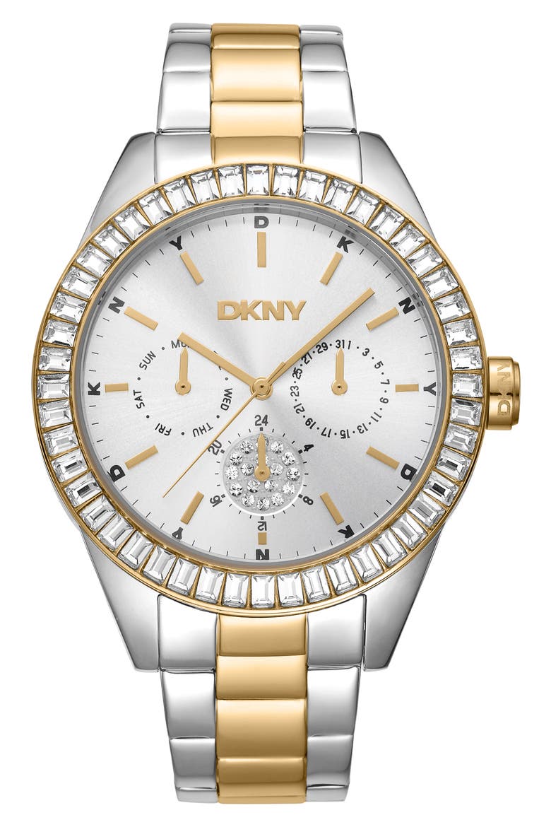 Crystal Bezel Three Hand Quartz Bracelet Watch, 40mm, Main, color, TWO TONE SILVER AND GOLD