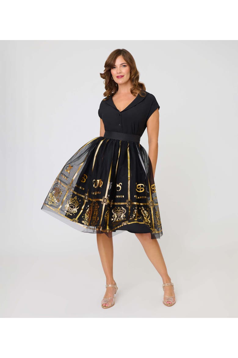 Brilliance Swing Skirt, Main, color, Black Zodiac Sign Print