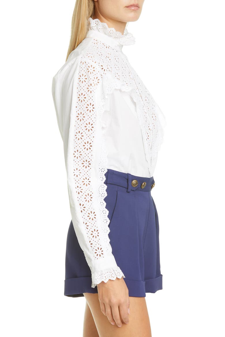 Eyelet Ruffle Cotton Poplin Blouse, Alternate, color, 0001 WHITE