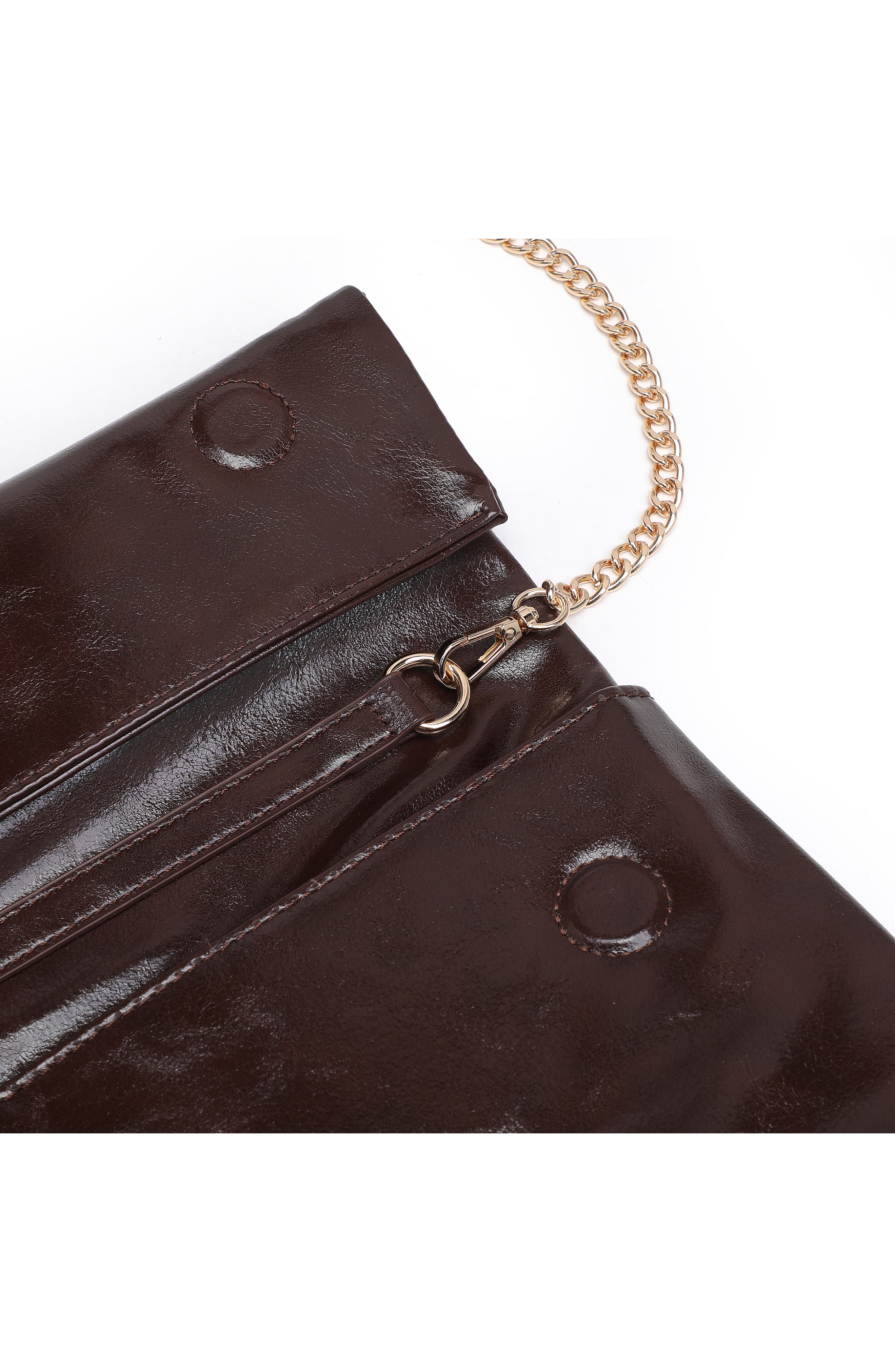 Faux Leather Foldover Clutch, Alternate, color, CHOCOLATE