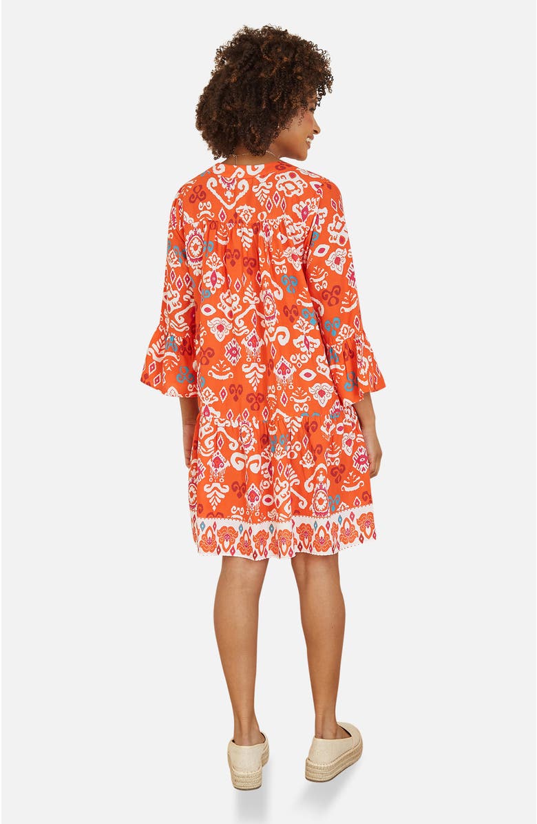Yumi Flared Ikat Print 3/4 Sleeve Tunic Dress, Alternate, color, Orange