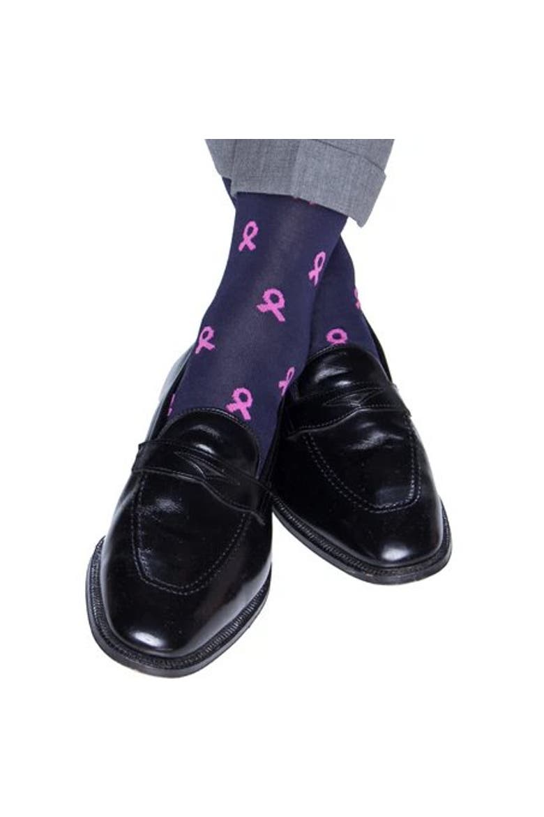 Breast Cancer Awareness Mid-Calf Mercerized Cotton Socks, Alternate, color, Navy with Pink Ribbons