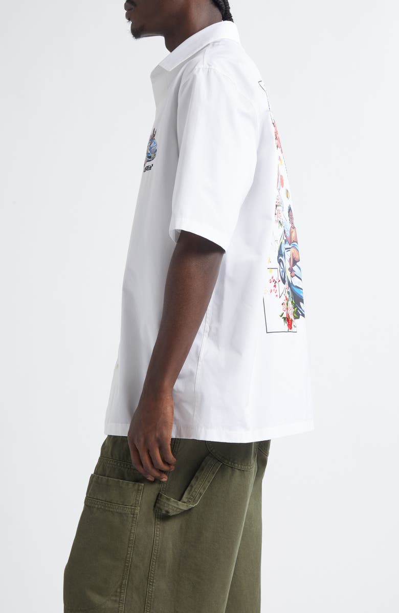 Off-White Fresco Arrow Short Sleeve Cotton Bowling Shirt, Alternate, color, White - Mu