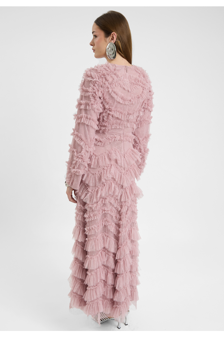 Modest Ruffle Dress Maxi With Self Print Mesh, Alternate, color, FROSTED PINK