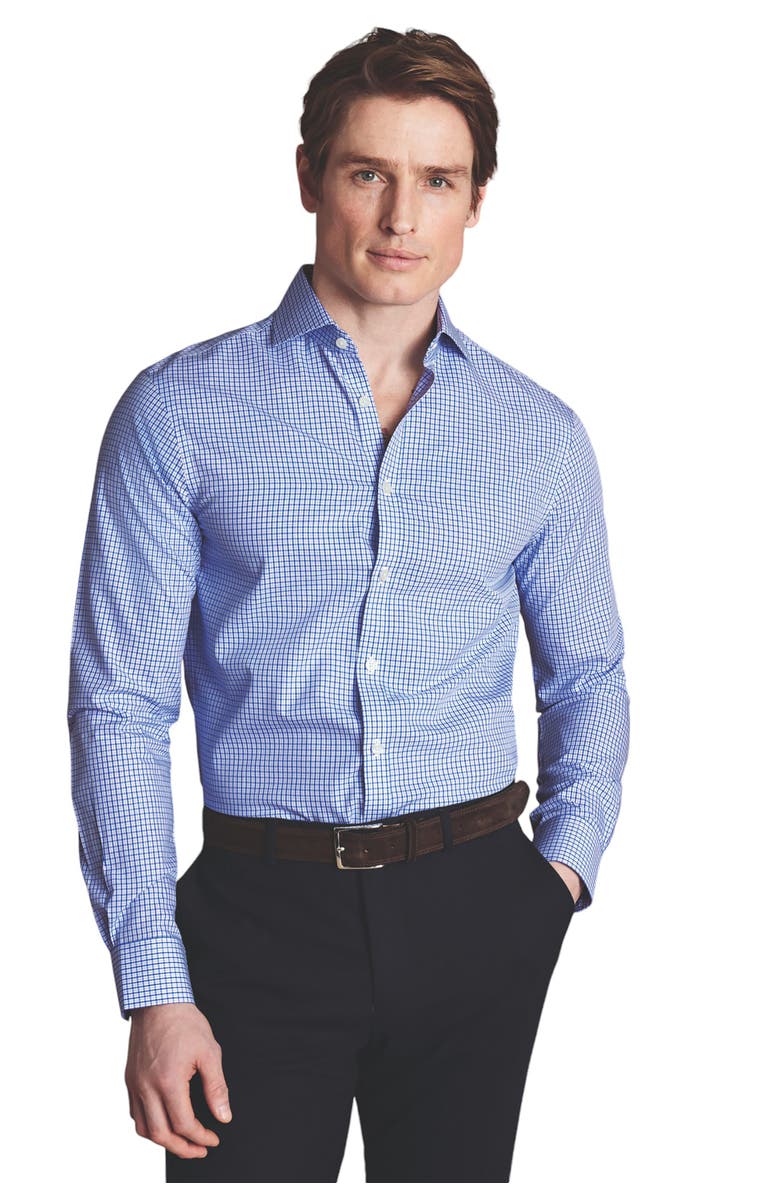 Charles Tyrwhitt Grid Check Non-Iron Stretch Twill Slim Fit Shirt Single Cuff, Main, color, Cobalt Blue