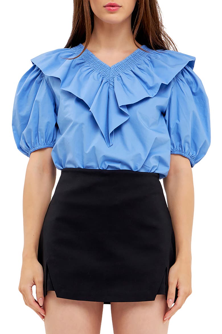 Smocked Ruffle Puff Sleeve Cotton Blouse, Main, color, OXFORD BLUE