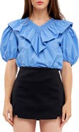 English Factory Smocked Ruffle Puff Sleeve Cotton Blouse