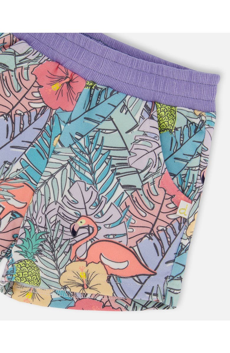 Deux par Deux Girl's Printed French Terry Short Lilac Tropical And Pink Flamingos, Alternate, color, Lilac And Pink Flamingos