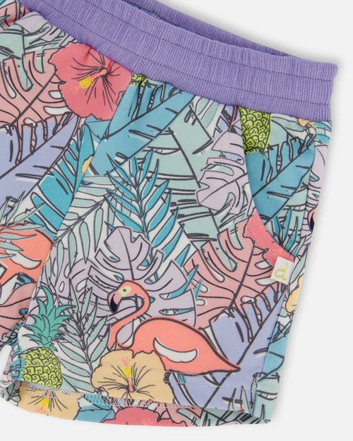 DEUX PAR DEUX DEUX PAR DEUX LITTLE GIRL'S PRINTED FRENCH TERRY SHORT LILAC TROPICAL AND PINK FLAMINGOS 