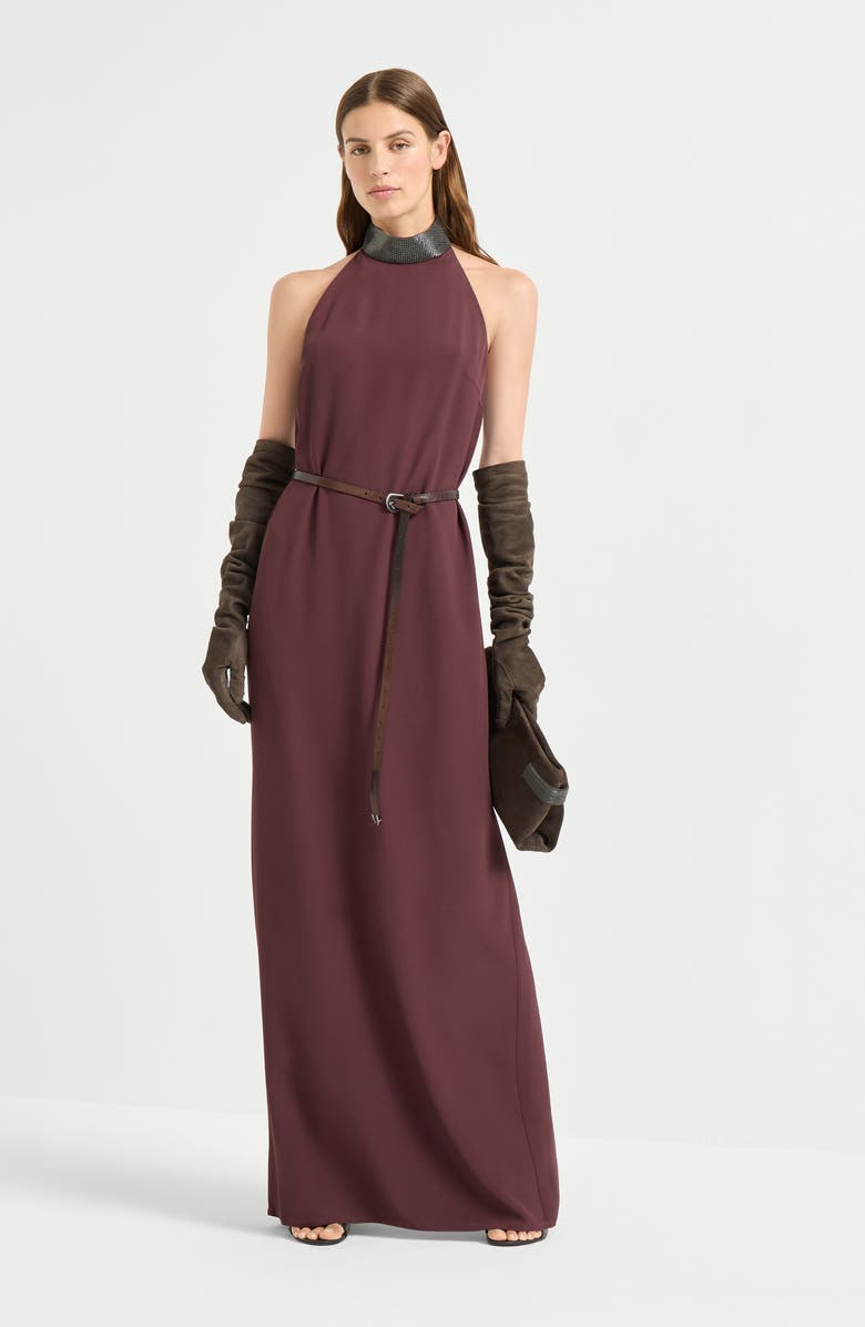 Brunello Cucinelli Halterneck dress with beaded collar, Alternate, color, Burgundy
