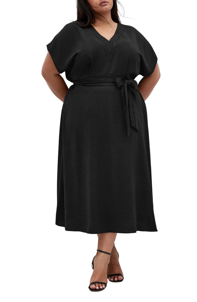 City Chic Maya Tie Belt Midi Dress, Main, color, Black