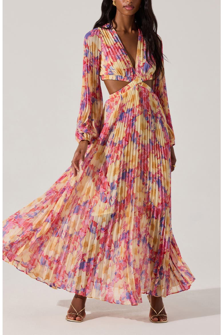 Revery Floral Pleated Cutout Long Sleeve Maxi Dress, Alternate, color, YELLOW PINK FLORAL