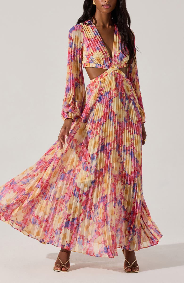 ASTR the Label Revery Floral Pleated Cutout Long Sleeve Maxi Dress, Alternate, color, Yellow Pink Floral