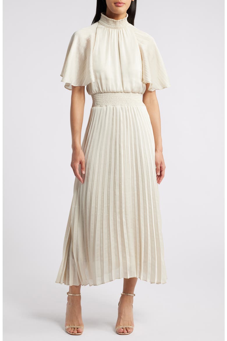 Flutter Sleeve Pleated Midi Dress, Main, color, CREAM