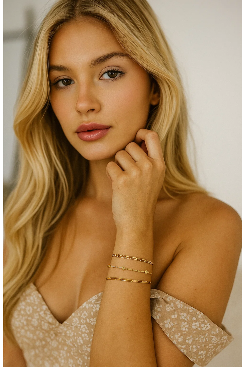Adriana 3-Piece Stackable Bracelet Trio Set, Beaded, Figaro, Paperclip Link, Alternate, color, Gold