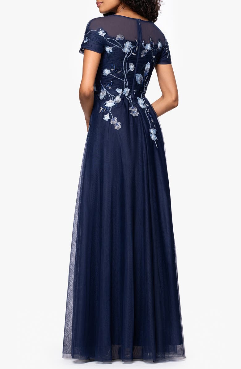 Betsy & Adam Embroidered Sequin Floral Bodice Mesh Gown, Alternate, color, Navy/ Multi