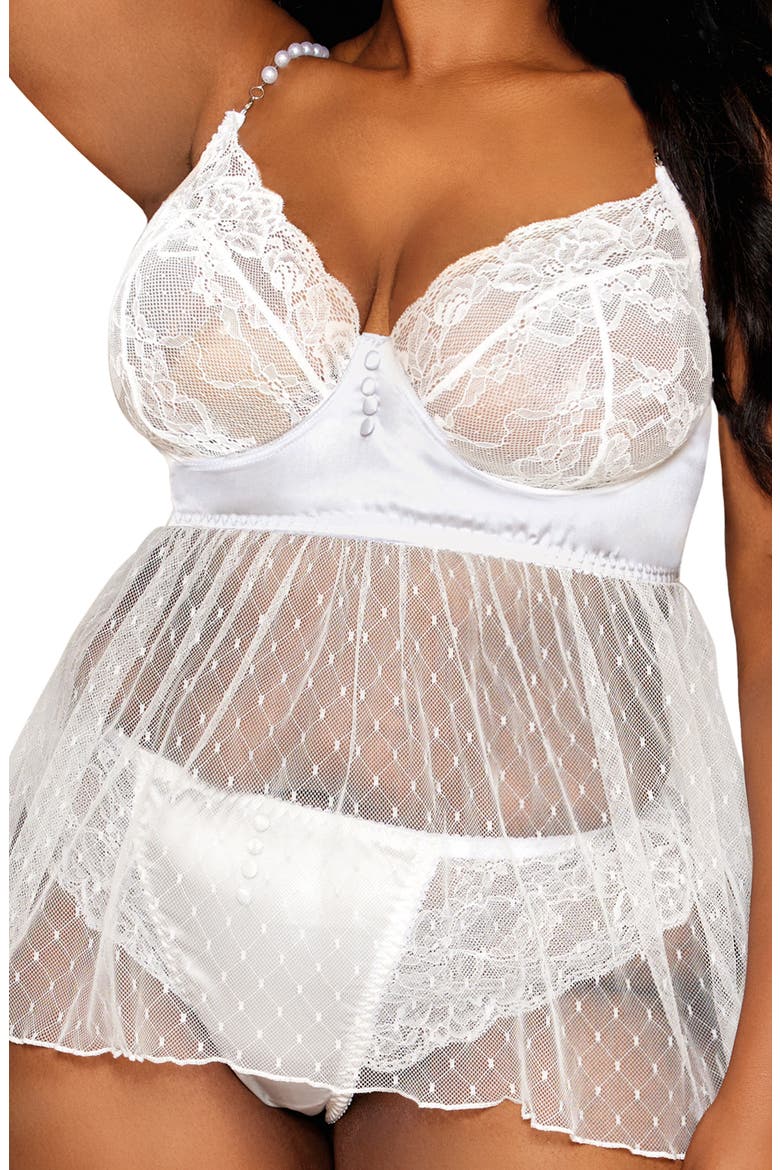 Lace & Satin Babydoll Chemise & Panty Set, Alternate, color, WHITE