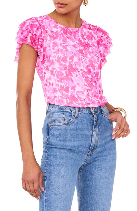 Floral Ruffle Sleeve Mesh Top
