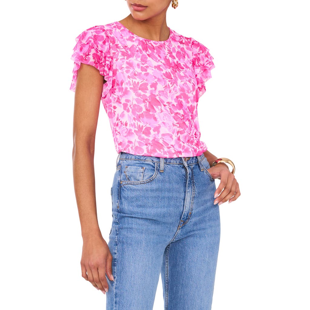 Vince Camuto Floral Ruffle Sleeve Mesh Top In Pink