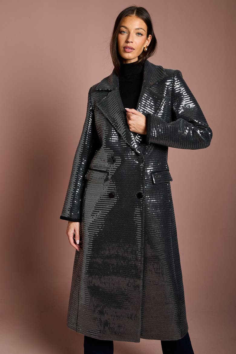 Faux Fur Collar Sequin Longline Coat, Alternate, color, Black