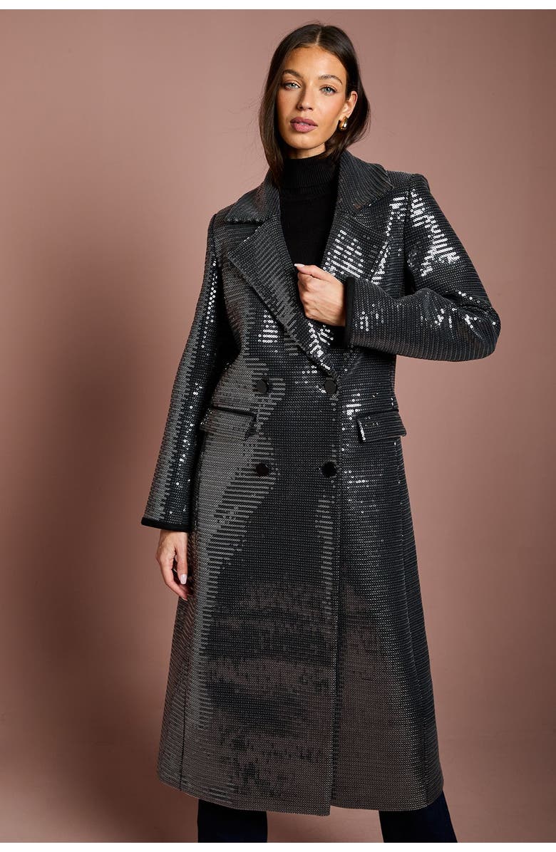 Coast Faux Fur Collar Sequin Longline Coat, Alternate, color, Black