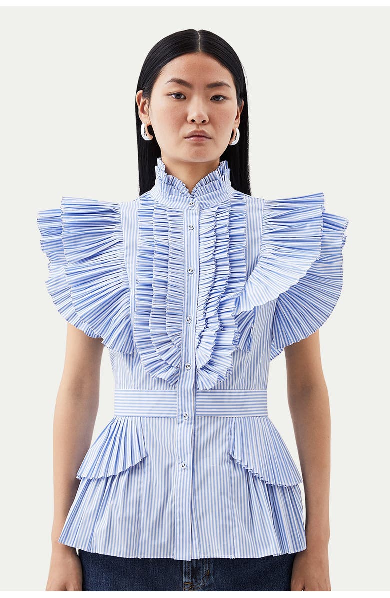 Karen Millen Sleeveless Striped Pleated Ruffle Blouse, Main, color, Stripe