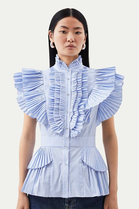 Sleeveless Striped Pleated Ruffle Blouse