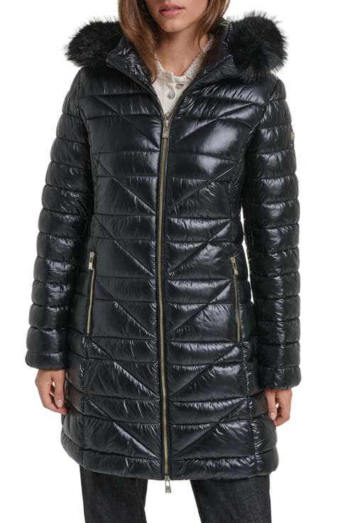 Chevron Quilted Coat with Removable Faux Fur Trim