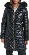 KARL LAGERFELD Chevron Quilted Coat with Removable Faux Fur Trim
