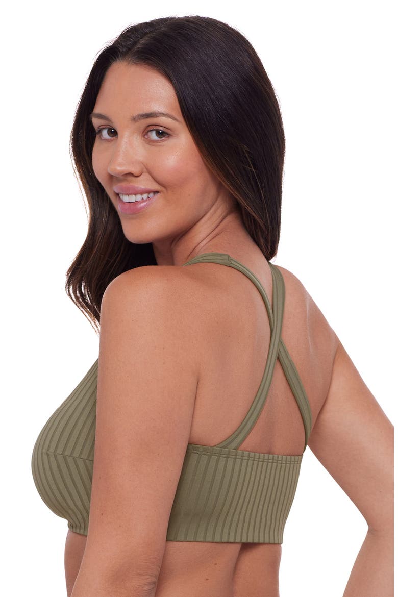 Supportive and Sculpting Ribbed Scoopneck Crossback Bralette Swimsuit Top, Alternate, color, Eucalyptus
