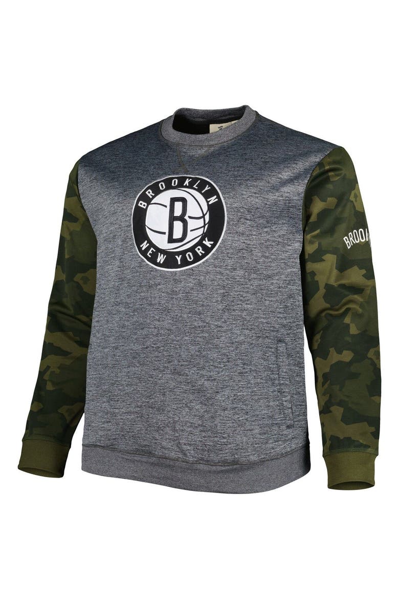 Men's Fanatics Branded Heather Charcoal Brooklyn Nets Big & Tall Camo Stitched Sweatshirt, Alternate, color, Heather Charcoal