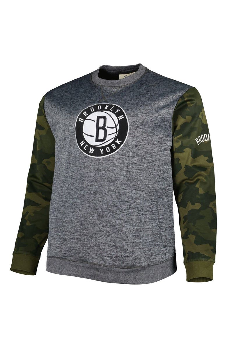 FANATICS Men's Fanatics Branded Heather Charcoal Brooklyn Nets Big & Tall Camo Stitched Sweatshirt, Alternate, color, Heather Charcoal