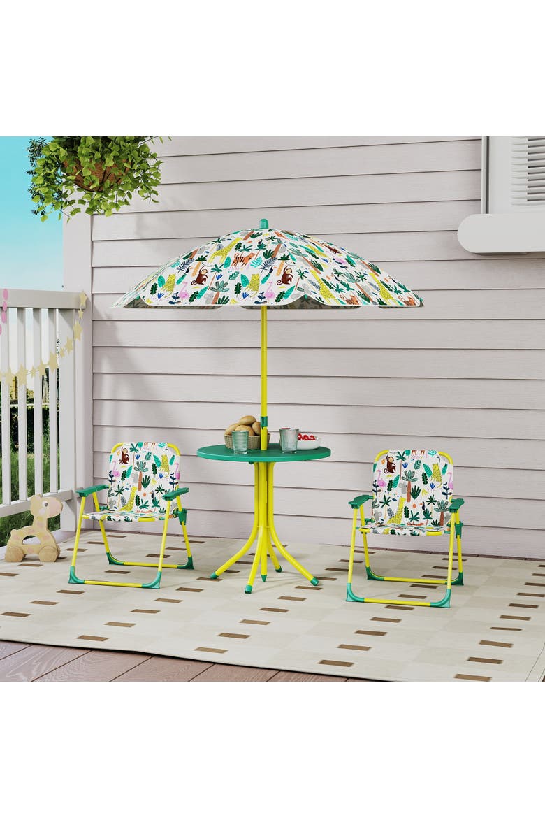 Kids Outdoor Picnic Table with Folding Chairs and Umbrella, Alternate, color, Green