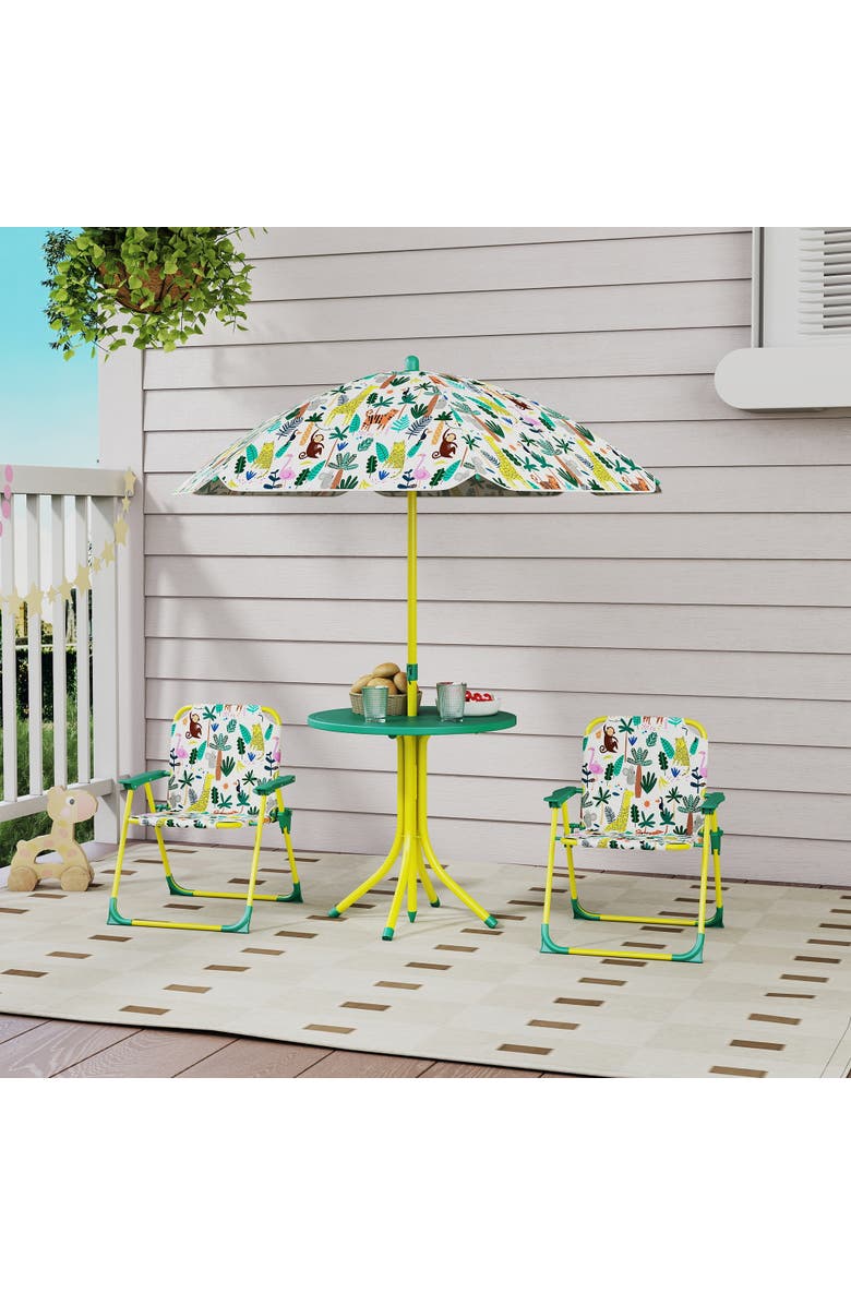 Qaba Kids Outdoor Picnic Table with Folding Chairs and Umbrella, Alternate, color, Green