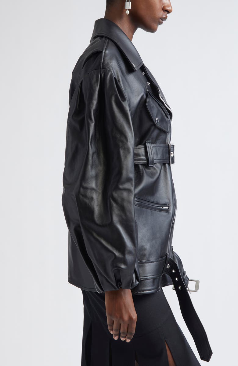 Simone Rocha Puff Sleeve Leather Biker Jacket, Alternate, color, Black