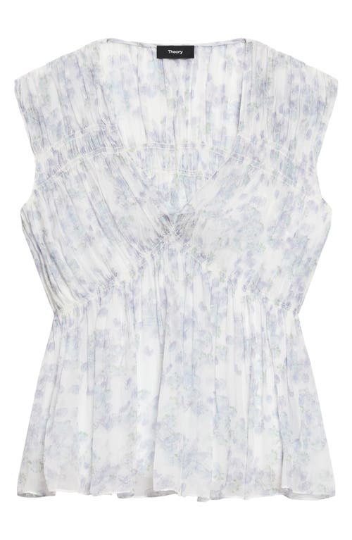 Theory Ruched Sleeveless Top In Floral Silk In Gray